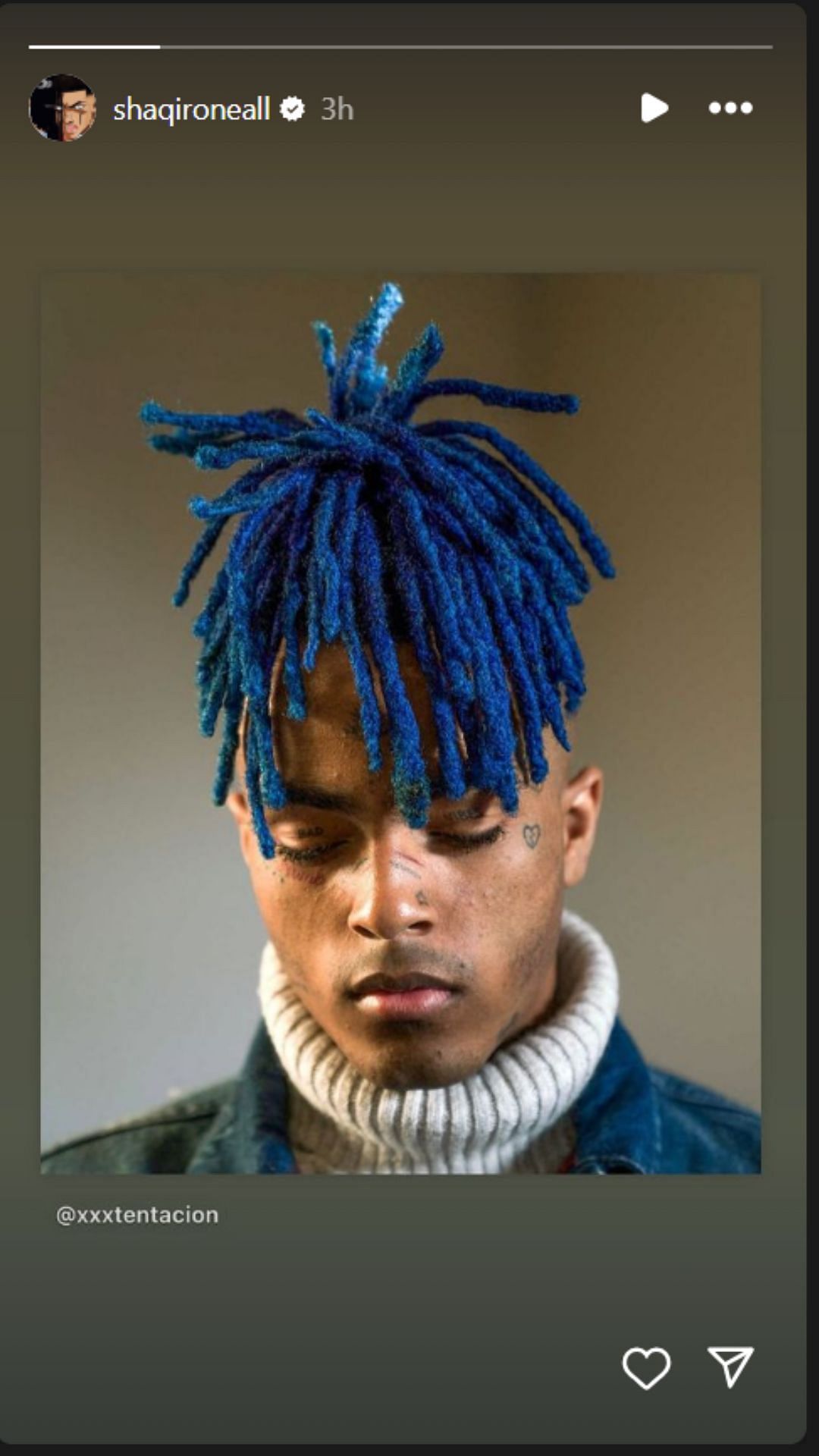 Shaqir O'Neal posts late rapper XXXTencion image on IG story. Image via @shaqironeal